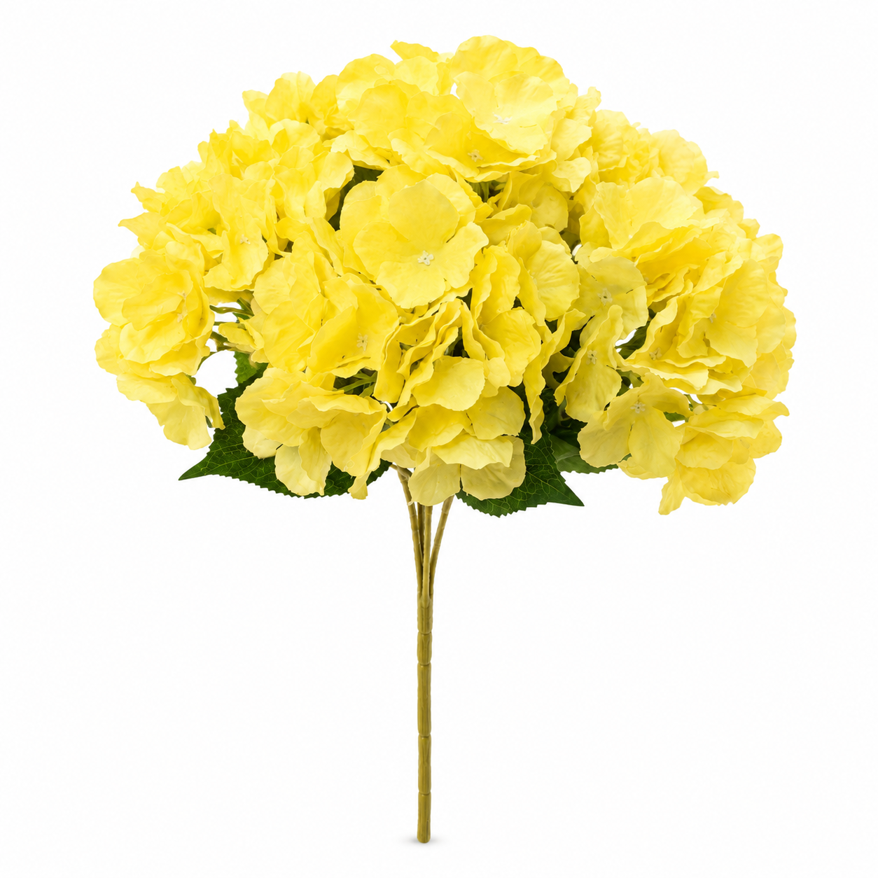 A single artificial yellow hydrangea stem with green leaves and a gold-colored stem, isolated on a white background.
