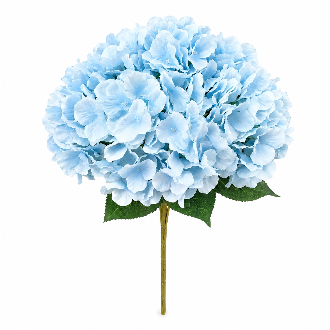 A single artificial light blue hydrangea flower with green leaves and a brown stem, isolated on a white background.