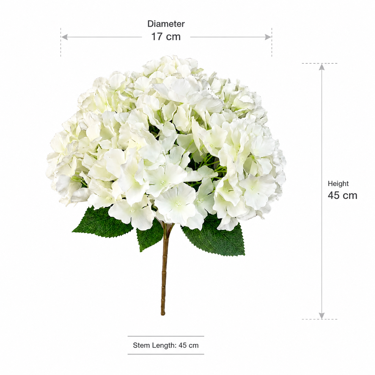 White artificial hydrangea flower bouquet with green leaves and a brown stem, shown with dimension labels indicating diameter 17 cm, height 45 cm, and stem length 45 cm on a white background.