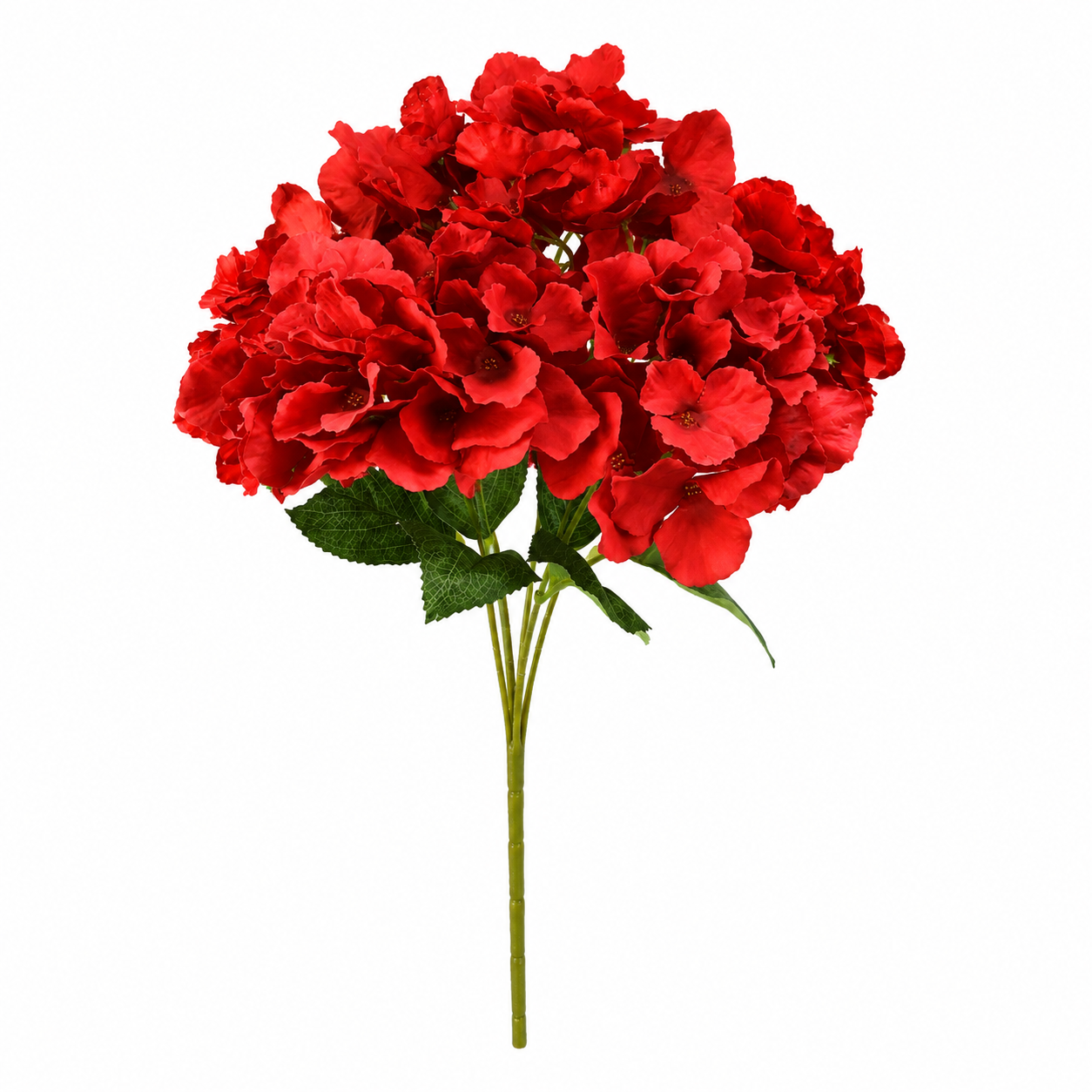 A single artificial red flower stem with a dense cluster of bright red blossoms and green leaves on a plain white background.