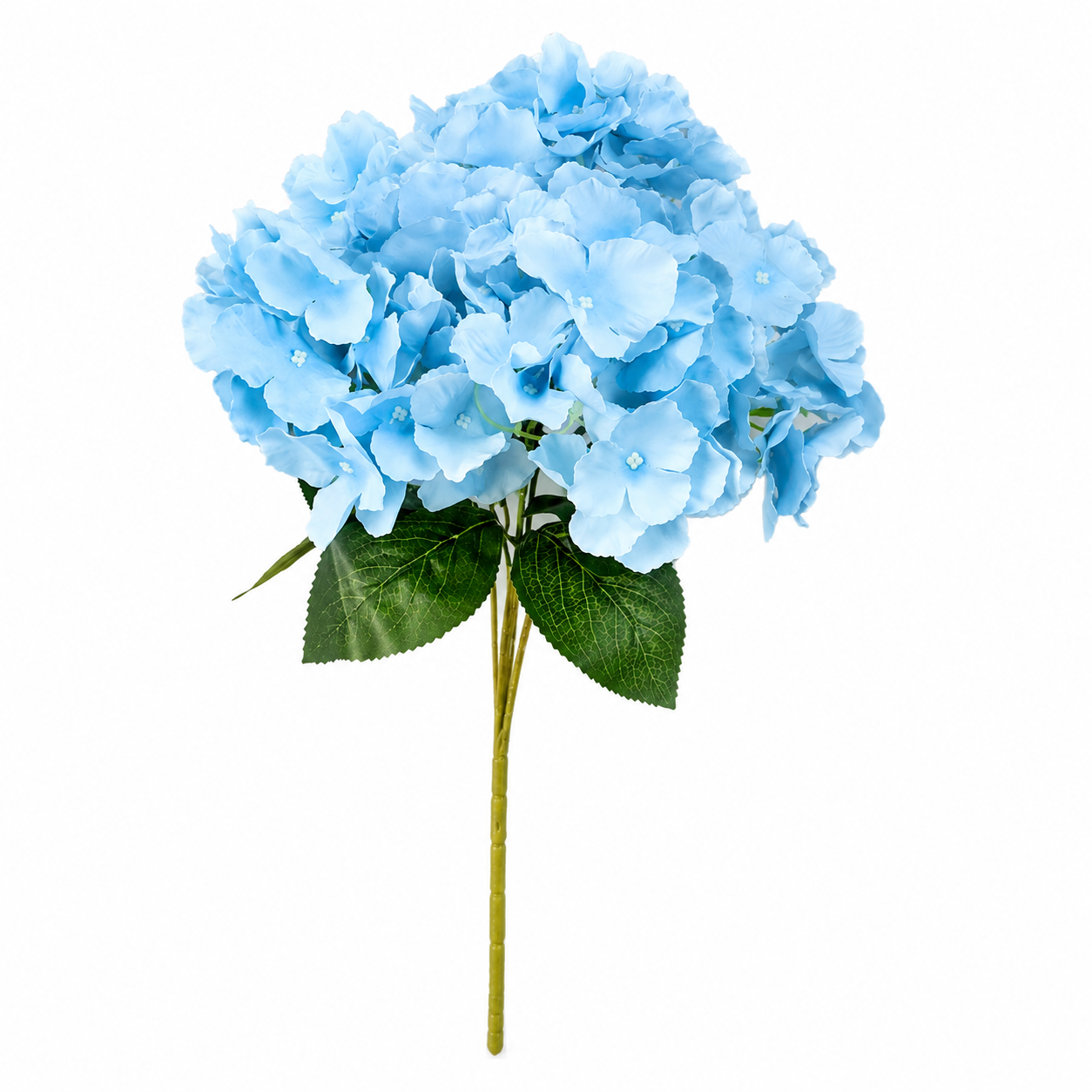 A single artificial light blue hydrangea flower stem with green leaves, isolated on a white background.