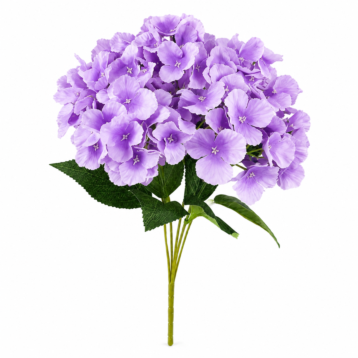 A single artificial hydrangea bouquet with light purple/lavender flowers and green leaves on a plain white background.