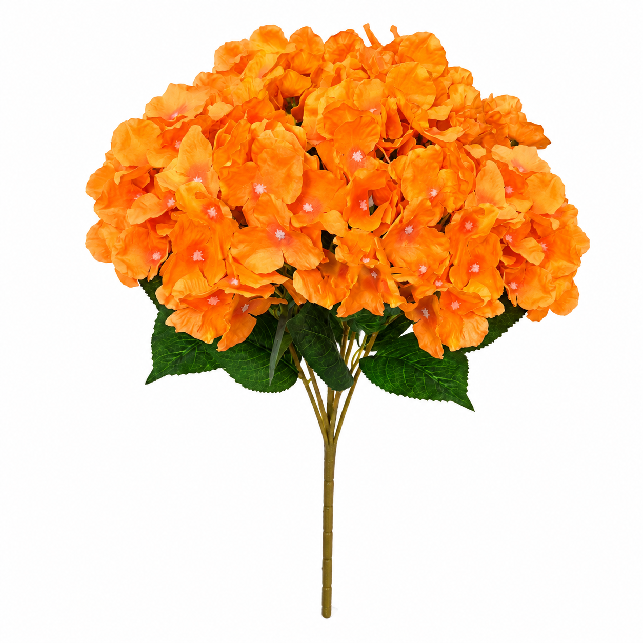 An artificial orange hydrangea flower bouquet with green leaves and a brown stem, isolated on a white background.