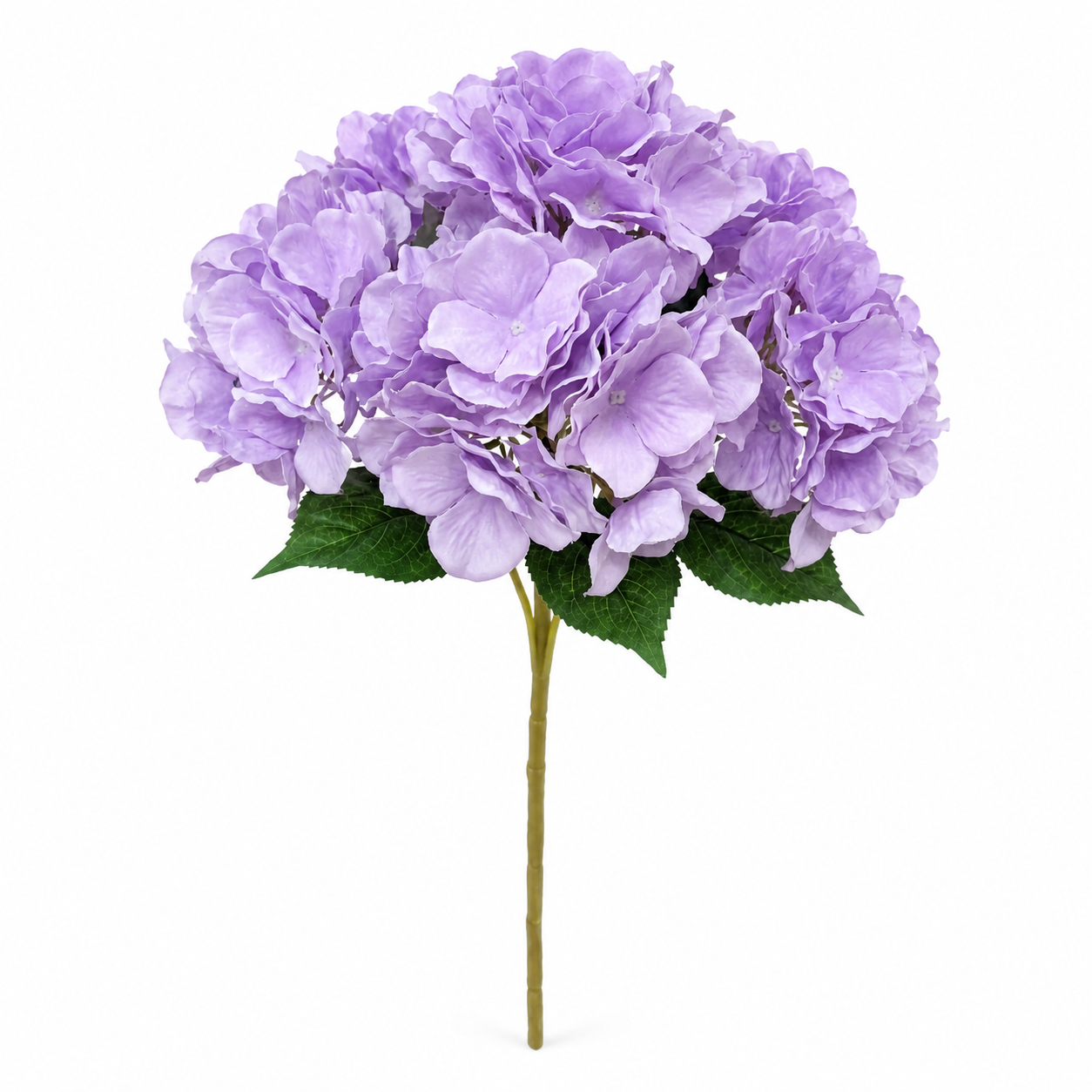 A single artificial purple hydrangea stem with clustered ruffled blossoms and green leaves on a plain white background.