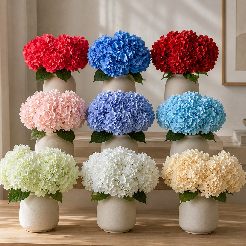 Nine artificial hydrangea flower arrangements in different colors, including red, blue, pink, green, white, and yellow, displayed in small beige ceramic pots on a wooden table.
