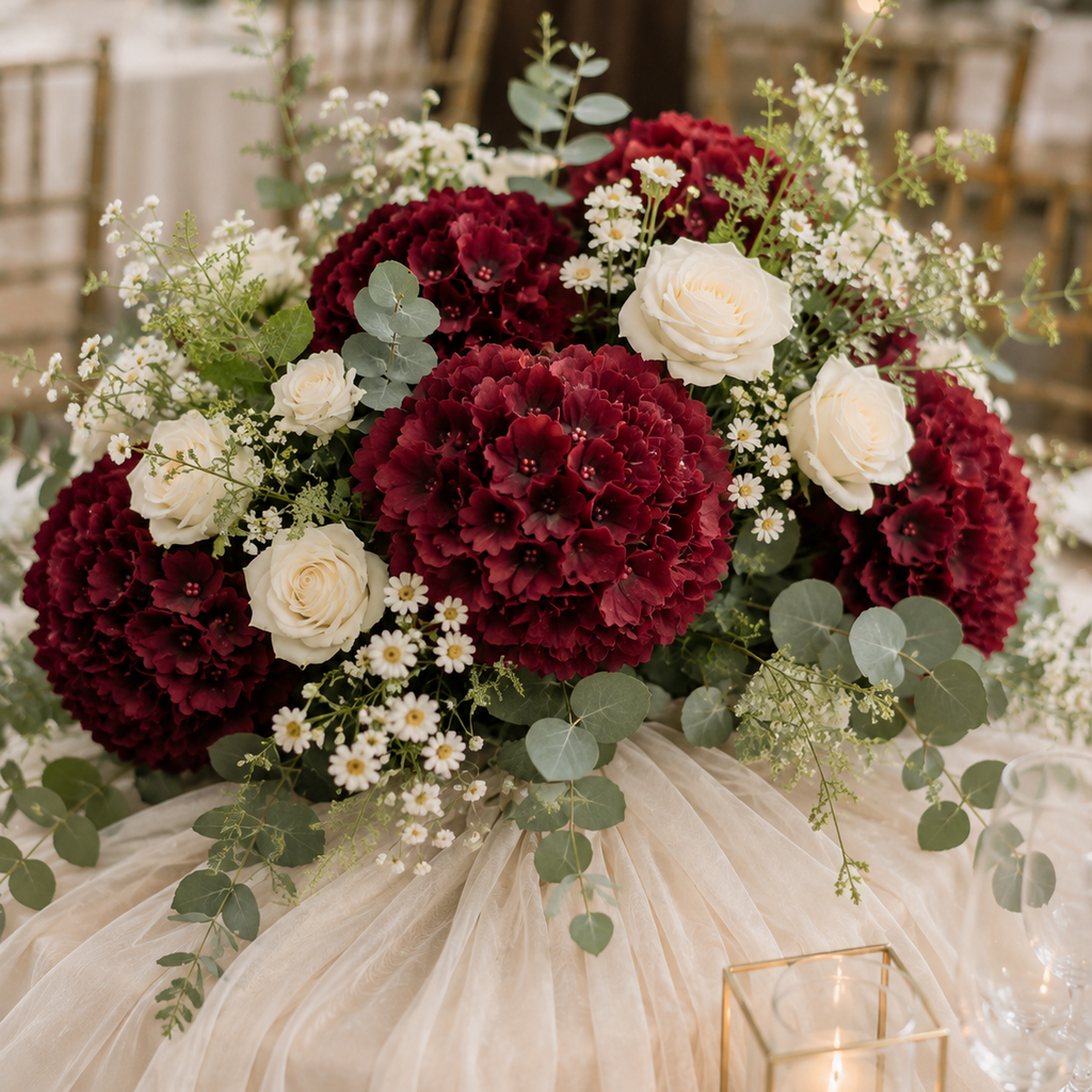 A large floral centerpiece with deep burgundy hydrangeas, white roses, baby's breath, and eucalyptus arranged on a draped cream tablecloth, with a lit candle in a gold-framed holder in the foreground.