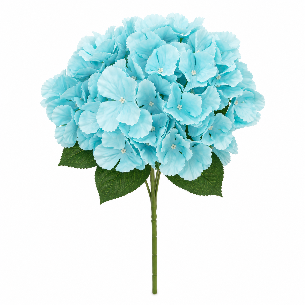 A single artificial light blue hydrangea stem with green leaves, isolated on a white background.