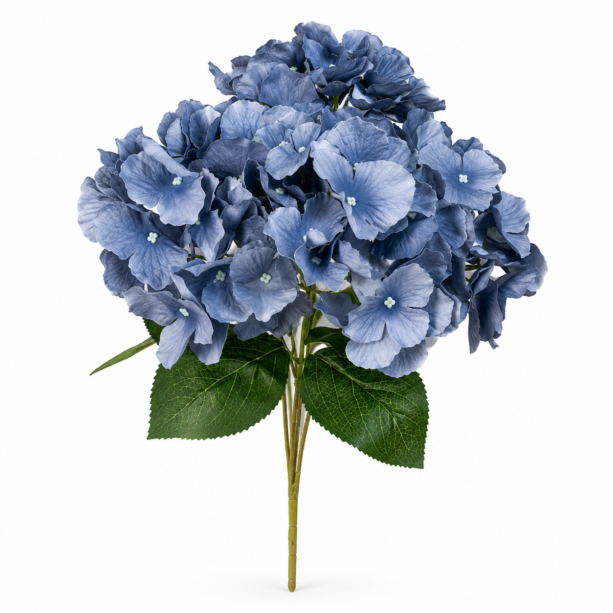 A single artificial blue hydrangea flower stem with green leaves, photographed against a plain white background.
