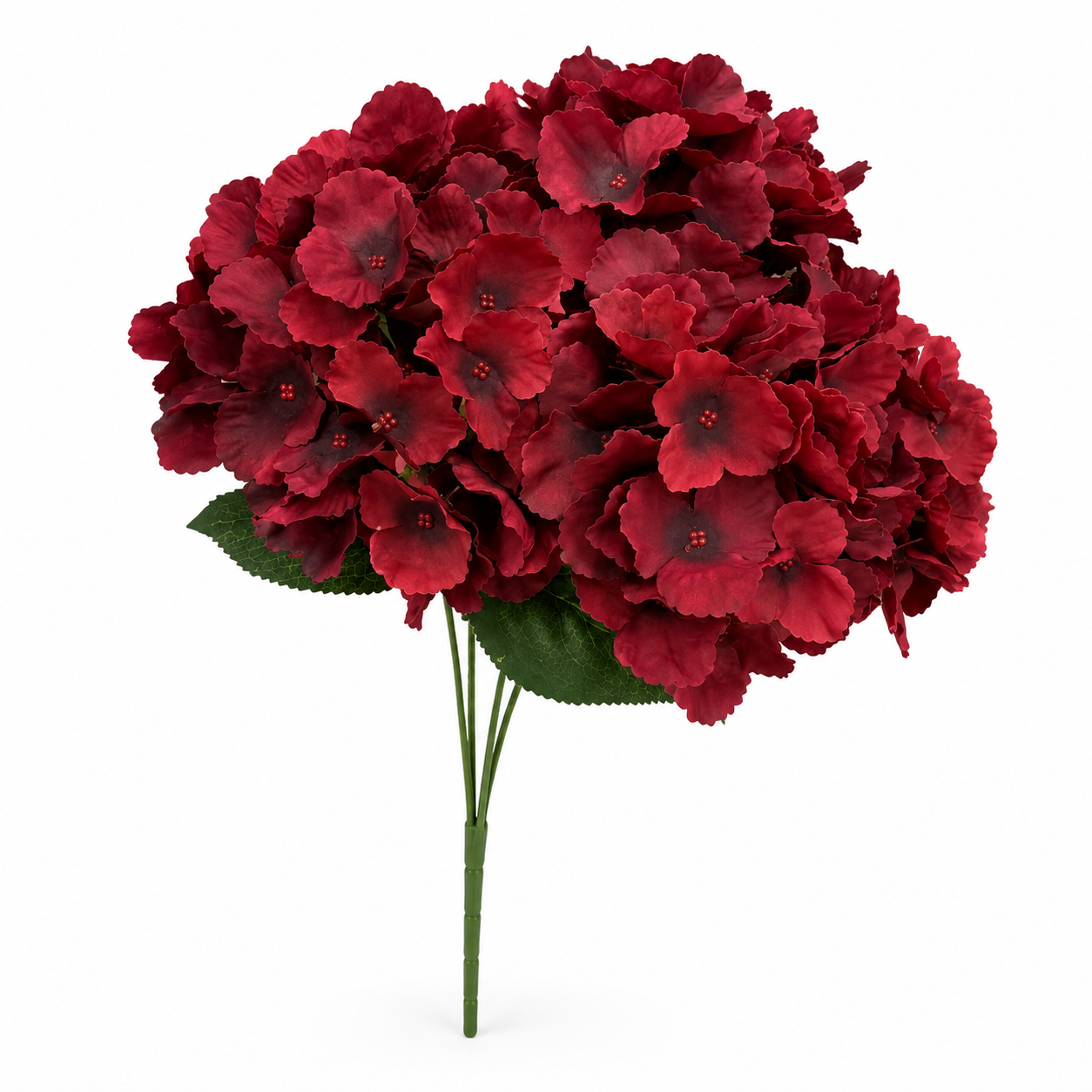 A single artificial hydrangea stem with deep burgundy-red flowers and green leaves, isolated on a white background.