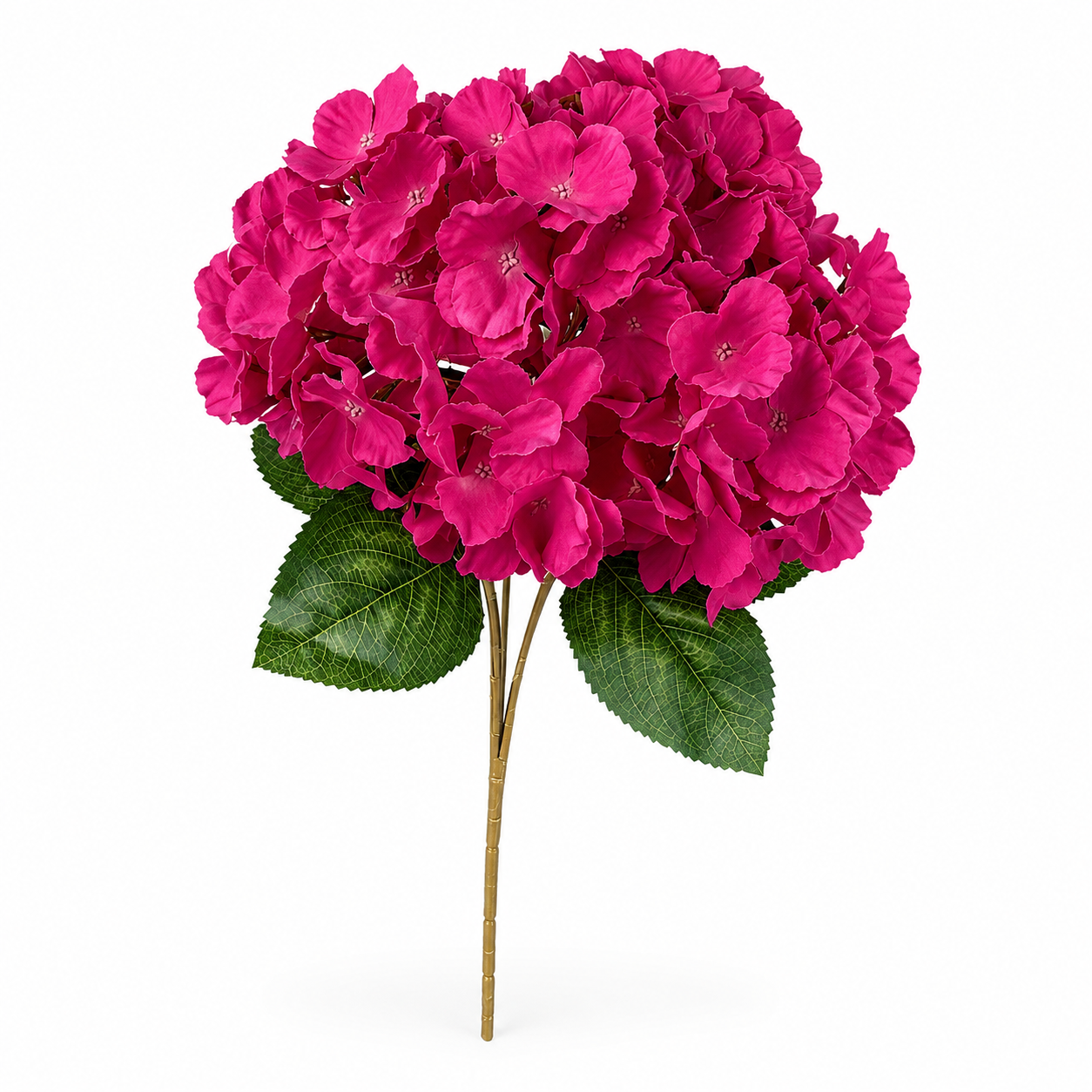 A single artificial hydrangea stem with a dense cluster of bright magenta-pink blossoms and two green leaves on a plain white background.