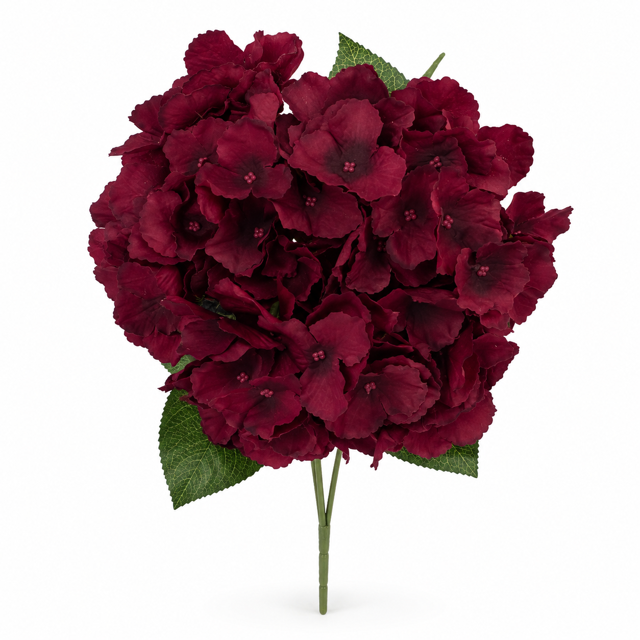 A single artificial hydrangea stem with deep burgundy petals and green leaves, isolated on a white background.