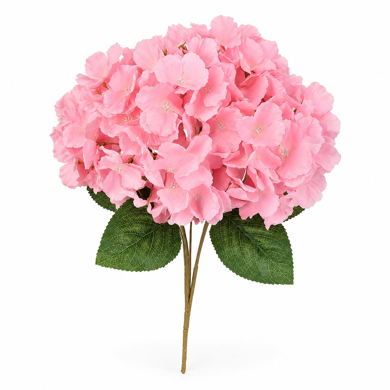A single artificial pink hydrangea stem with a dense round cluster of light pink blossoms and two green leaves on a plain white background.
