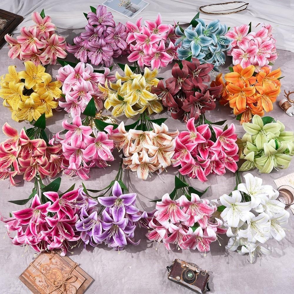 Bunga Lily Plastic Cabang 9 Bunga lili Palsu Artificial Dekorasi Pelaminan