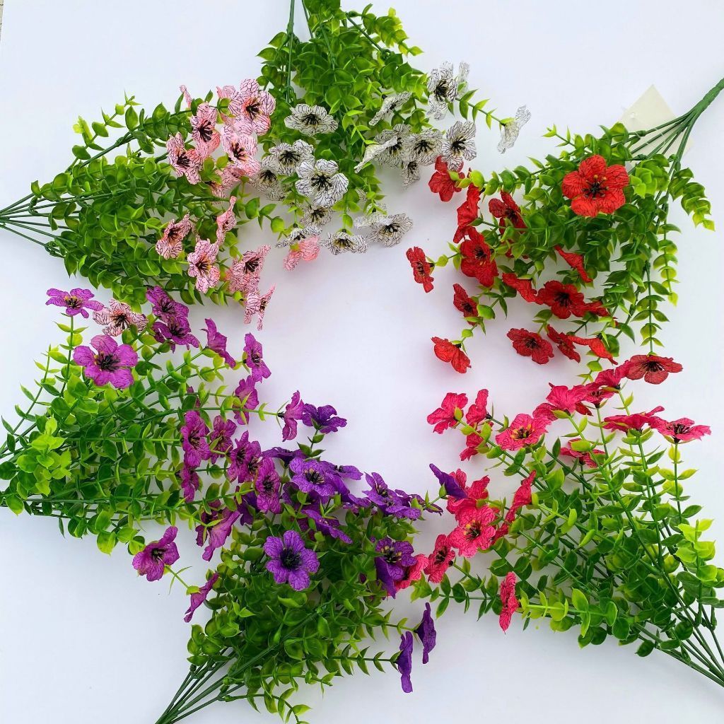 7 Cabang Daun Eukaliptus Tiruan + Bunga Violet Palsu Dekor Rumah Kantor Grosir Pabrik Harga Spesial
