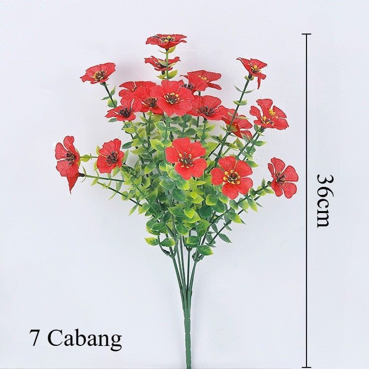 7 Cabang Daun Eukaliptus Tiruan + Bunga Violet Palsu Dekor Rumah Kantor Grosir Pabrik Harga Spesial