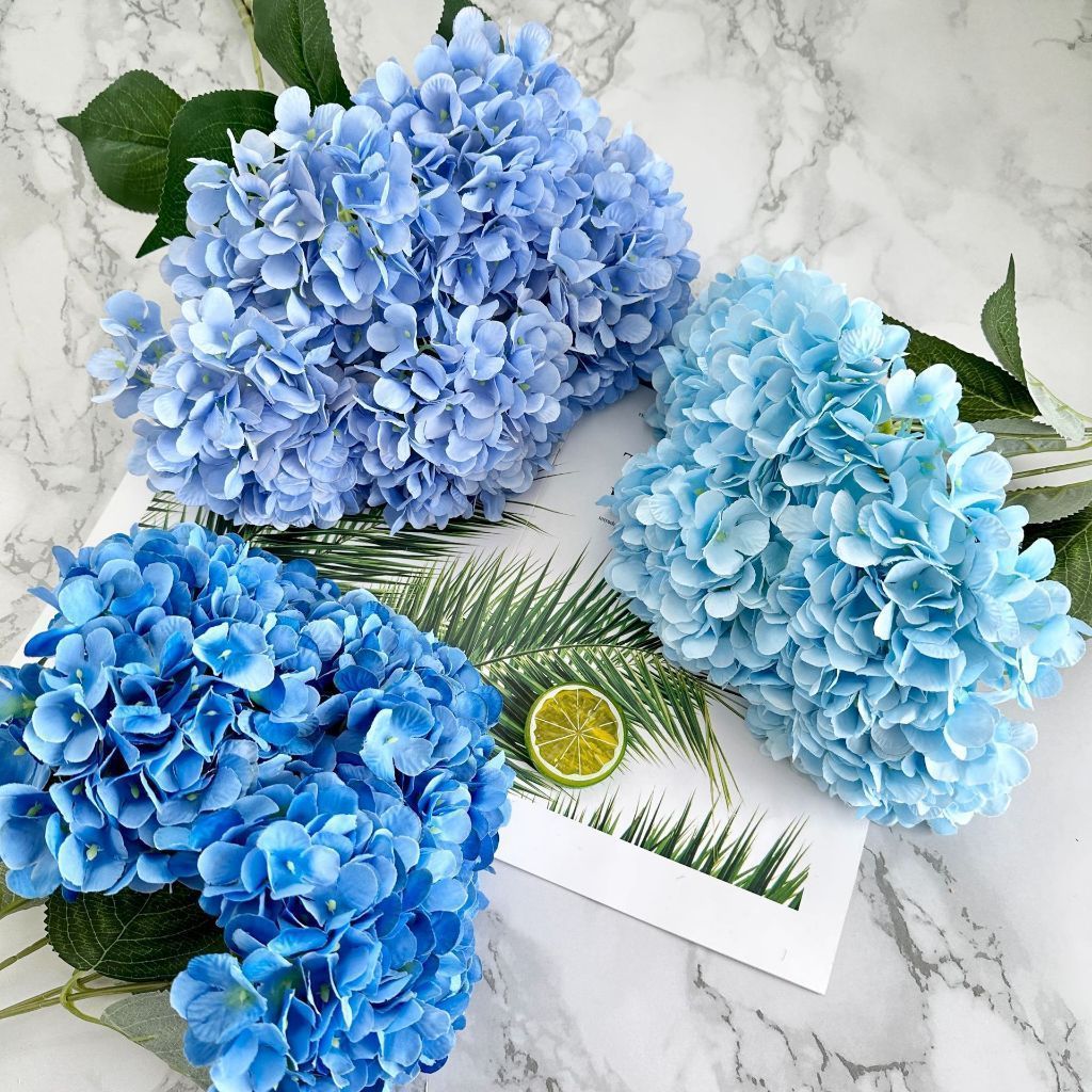 Seri biru Bunga Hortensia Jumbo Artificial Hydrangea Bunga artificial dekorasi 5 cabang